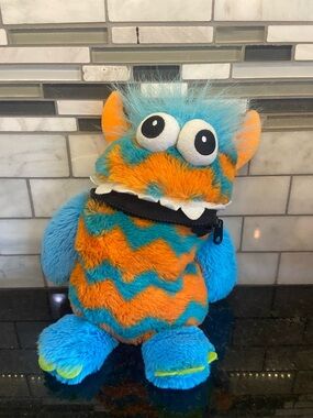 Blue & Orange Fuzzy Monster Plush with Zipper Mouth